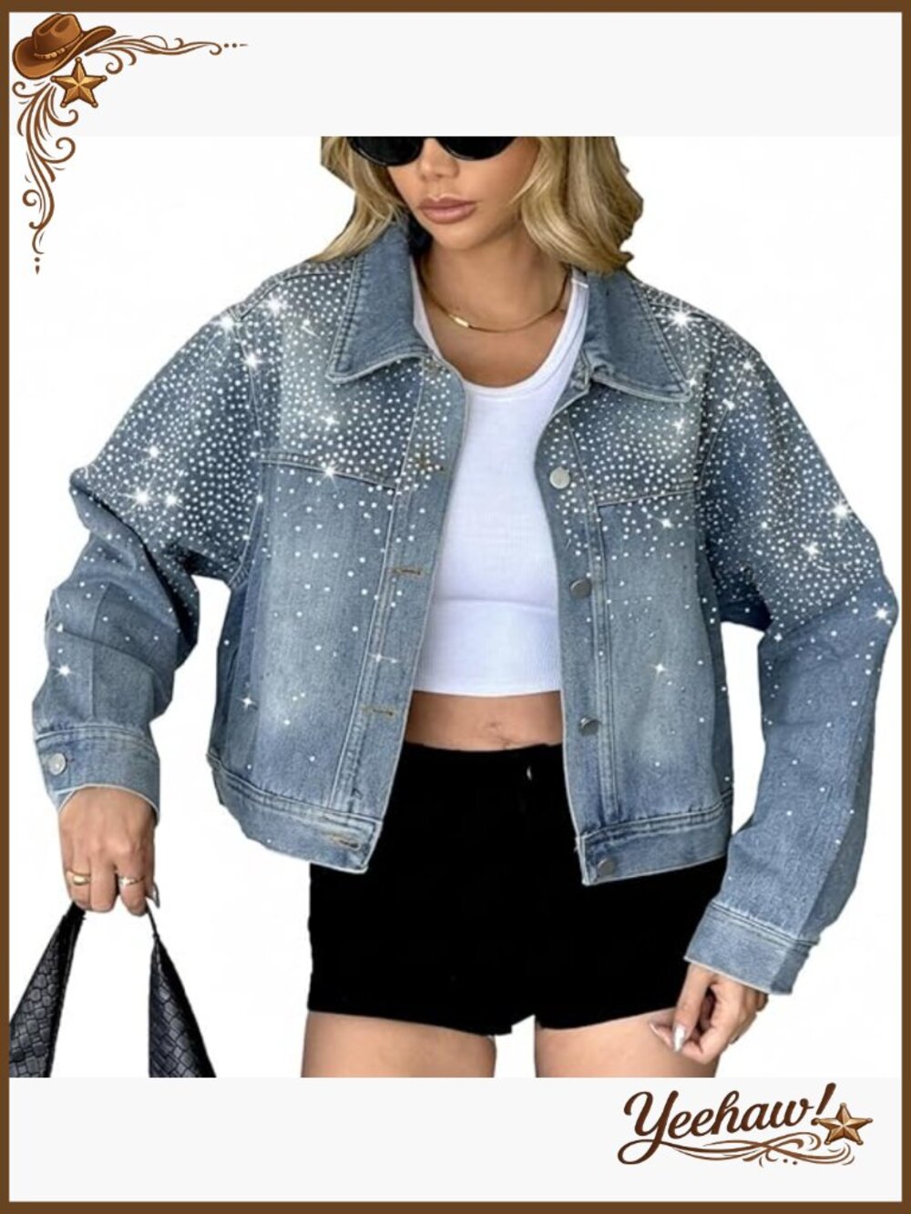 Crop Denim Jacket Rhinestone Button Down Boyfriend Fit Sparkly Coat